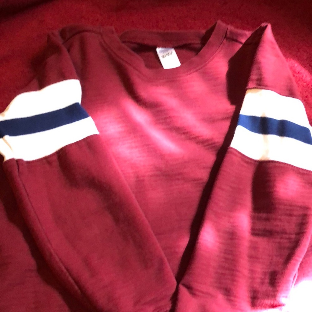 Carter’s maroon shirt with white & blue stripes on the sleeves, size 10 in Boys